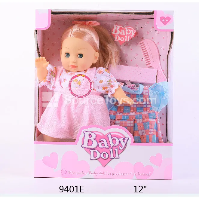 Realistic Vinyl Figure Doll 12" with Cotton Stuffing, Moving Eyes, Long Hair, Dress + Dress + Comb, 12 Sounds IC, Battery Included Realistic Vinyl Figure Doll 12