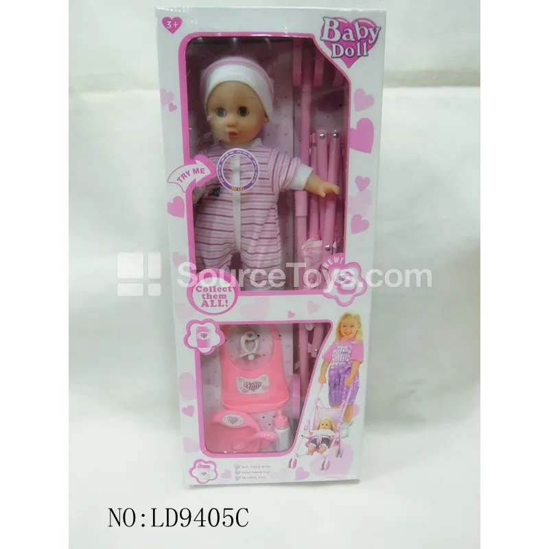 12-inch Vinyl Doll with Cotton-filled Eyes, Fashion Sweater, Plastic Scarf, Dining Set, and Pushchair
