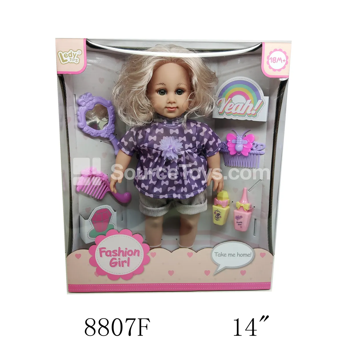 14-inch Vinyl Doll 2-Piece Set with Fabric Body, Comb, Mirror, Hair Accessories & Perfume Bottle