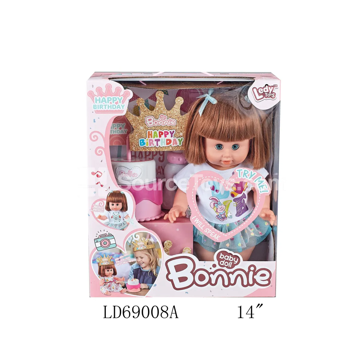 14-inch Vinyl Doll with Sound & Light, Birthday Cake Set