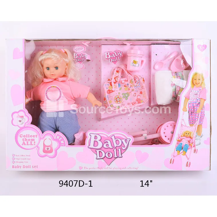 14" Vinyl Fashion Doll with Cotton Filled Body, Sleeping Eyes, Casual Outfit, Plastic Stroller, Backpack & Accessories (12 Sounds IC, Battery Included) 14