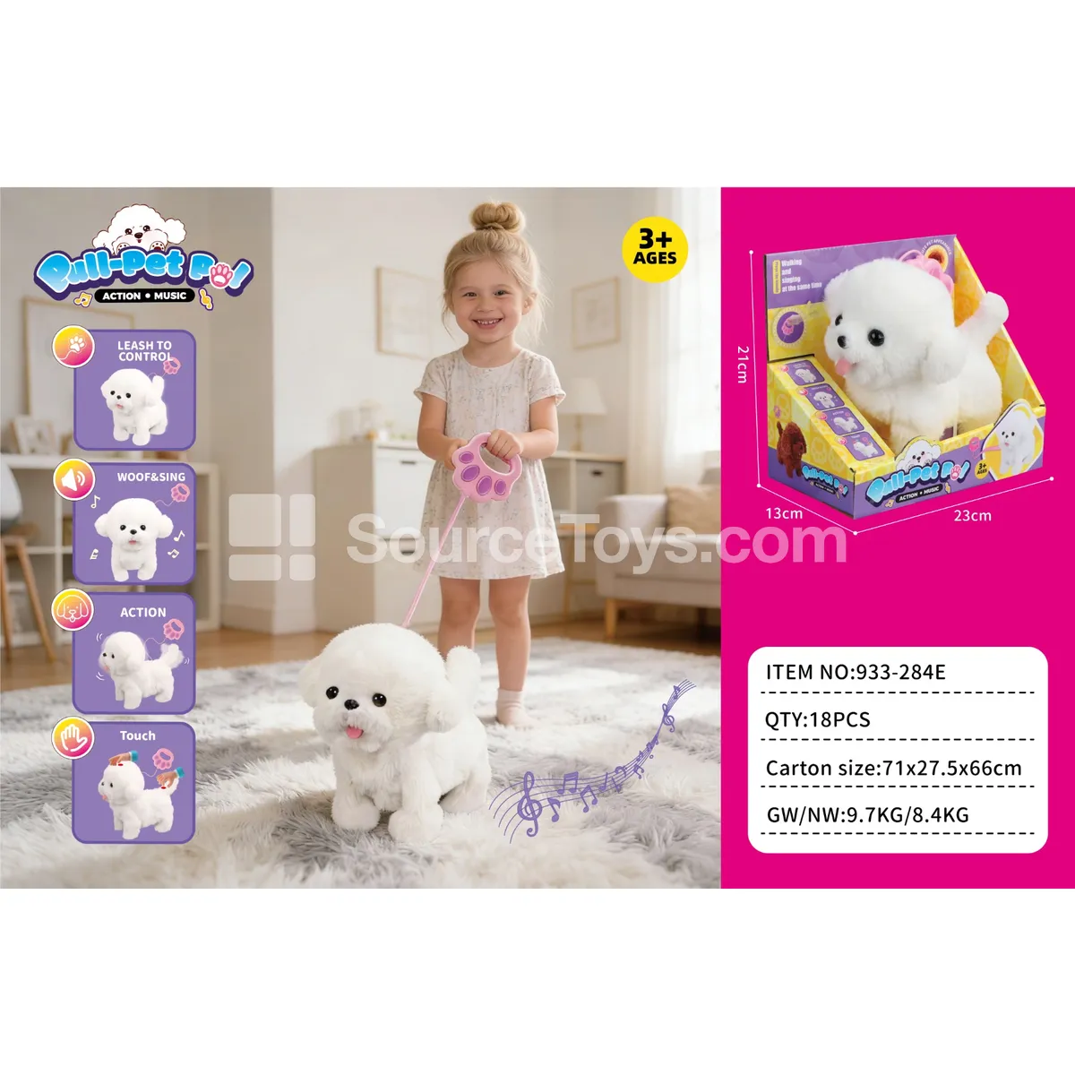 Electric Plush Walking Bichon Frise with Leash and Tongue