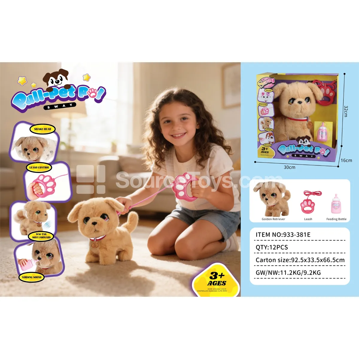 Electric Plush Walking Golden Retriever Dog with Leash and Turning Head