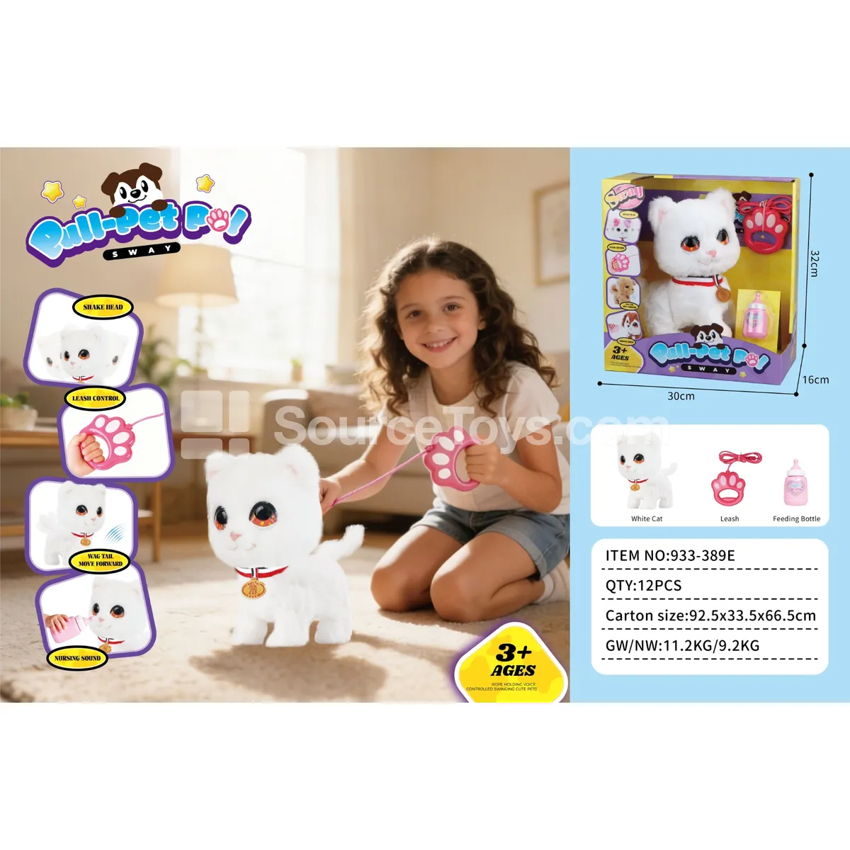 Electric Plush Walking White Cat with Pull Cord and Rotating Head Electric Plush Walking White Cat with Pull Cord and Rotating Head