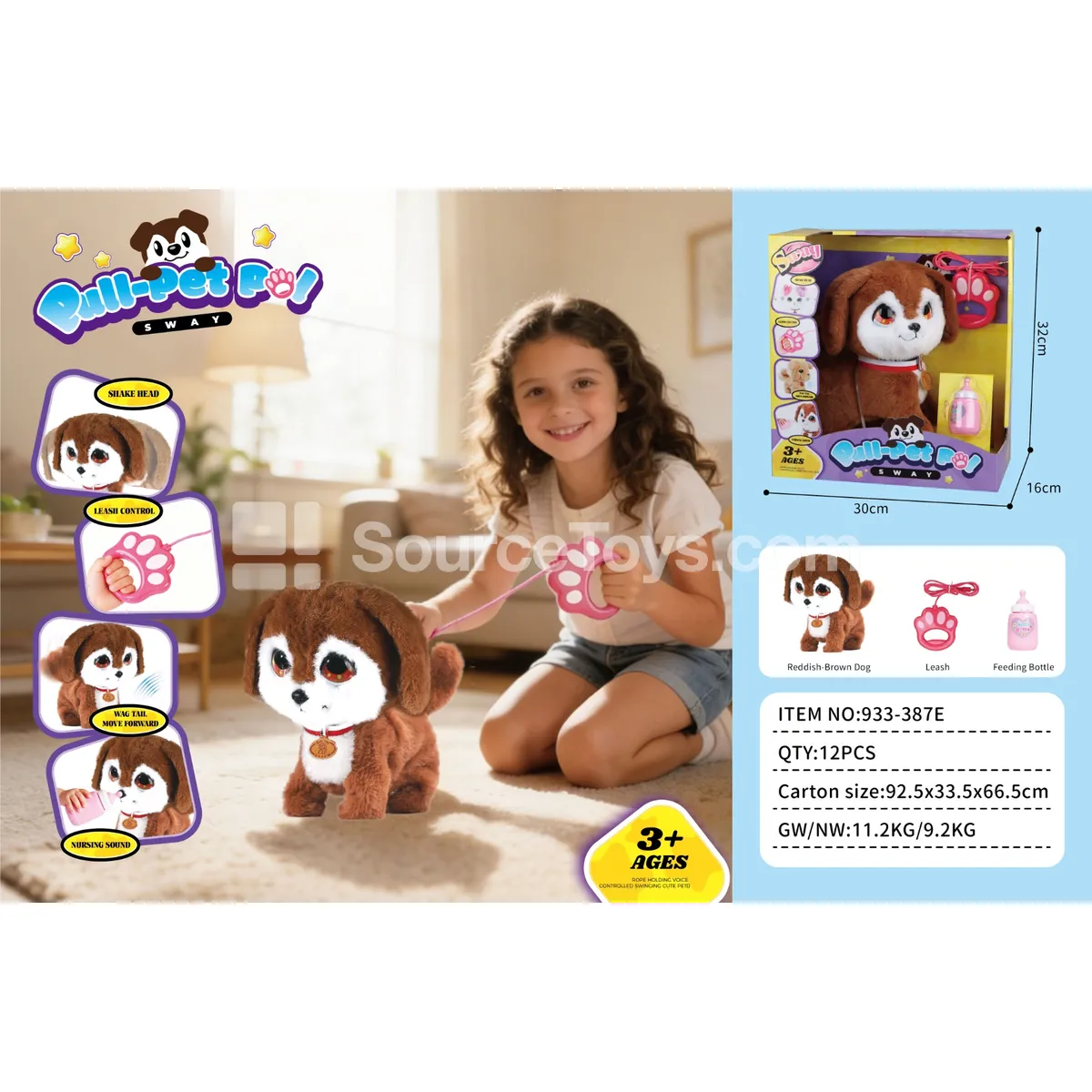 Pull-Along Walking Dog Toy with Turning Head, Reddish Brown
