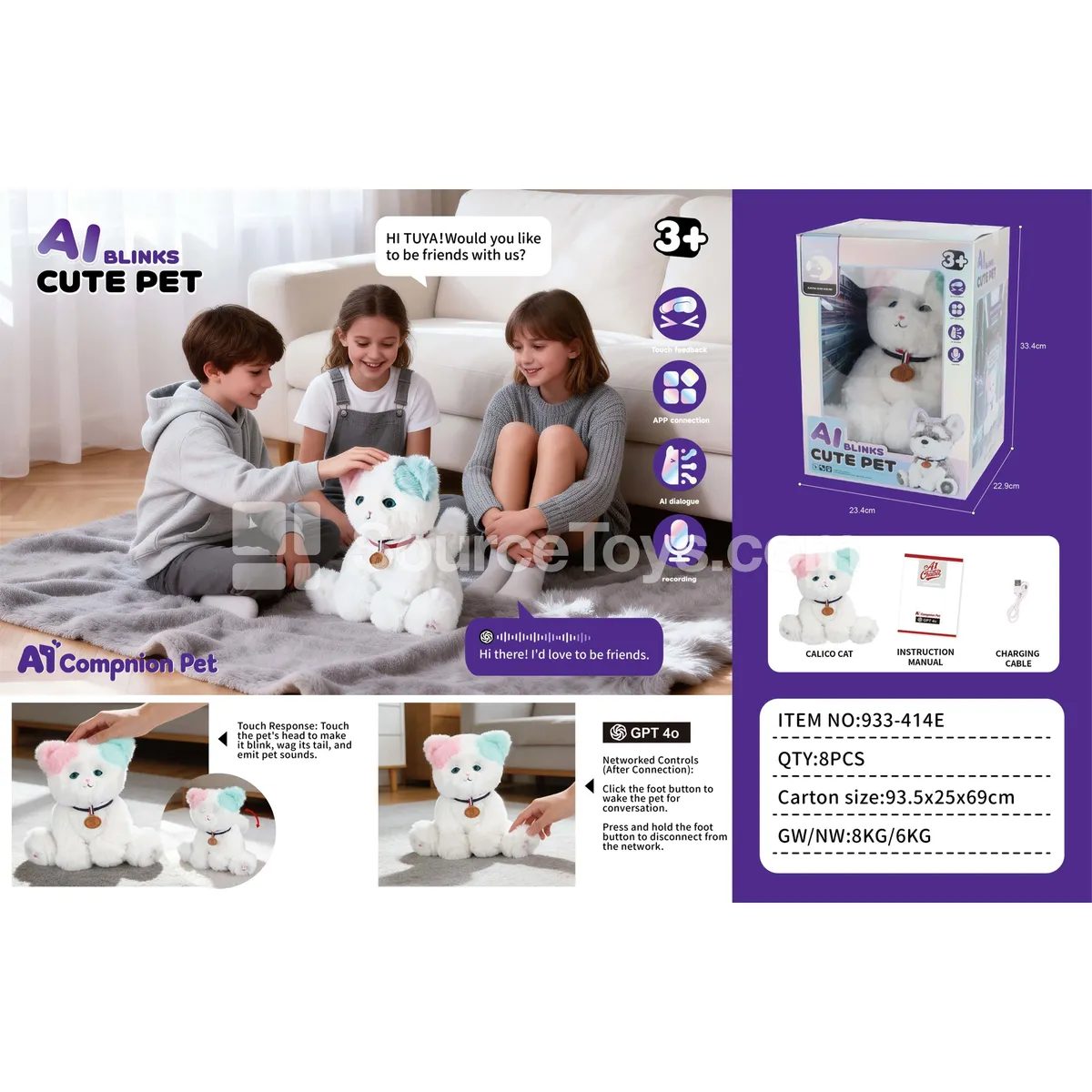 Electric Plush AI Blinking Sitting Calico Cat