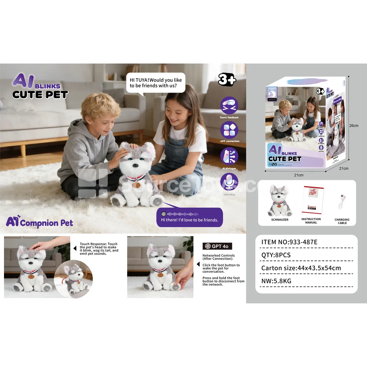Electric Plush AI Blinking Sitting Schnauzer Dog