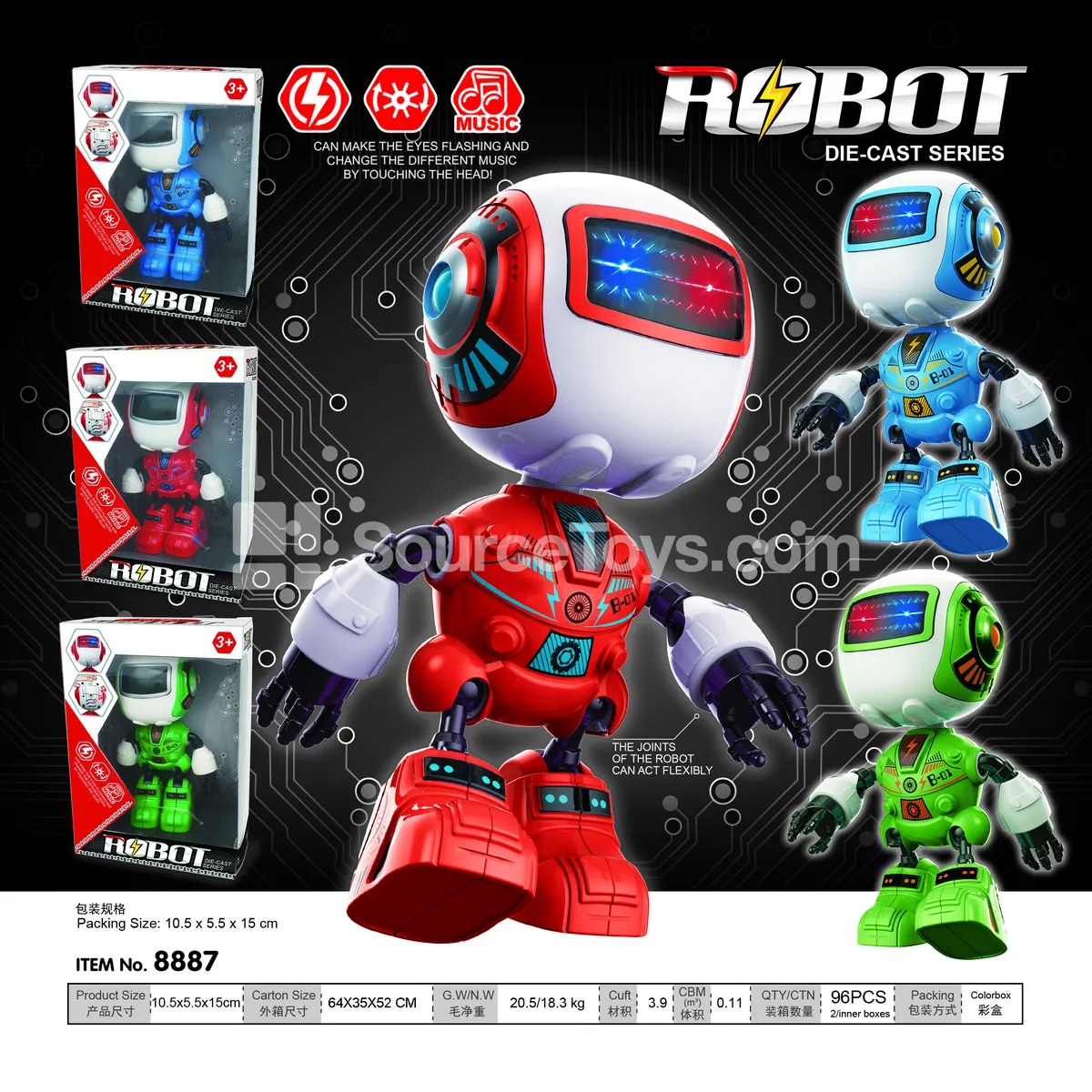Alloy Smart Robot with Sound & Music, 3 Colors Assorted