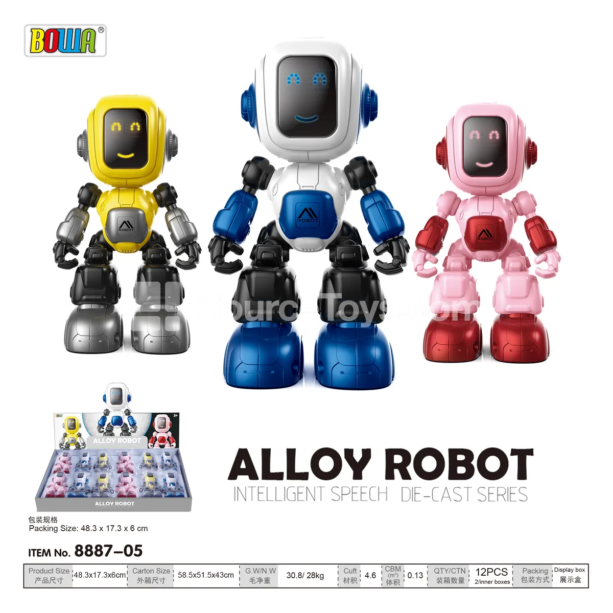 Alloy Smart Robot with Sound & Recording, Red/Yellow/Blue Assorted, 12pcs