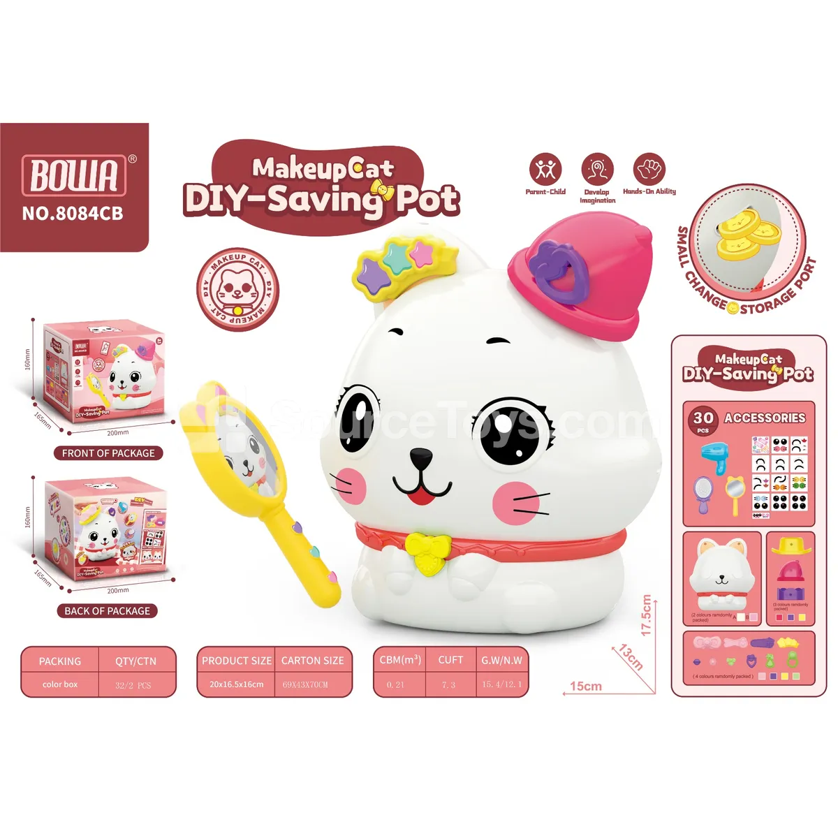 DIY Piggy Bank Makeup Cat, 2 Colors Assorted (A White, B Pink)