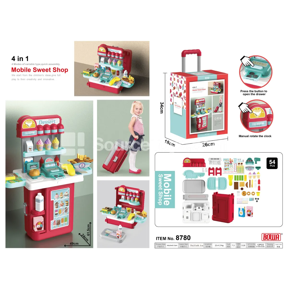 4-in-1 Supermarket Rolling Suitcase, Red/Gray