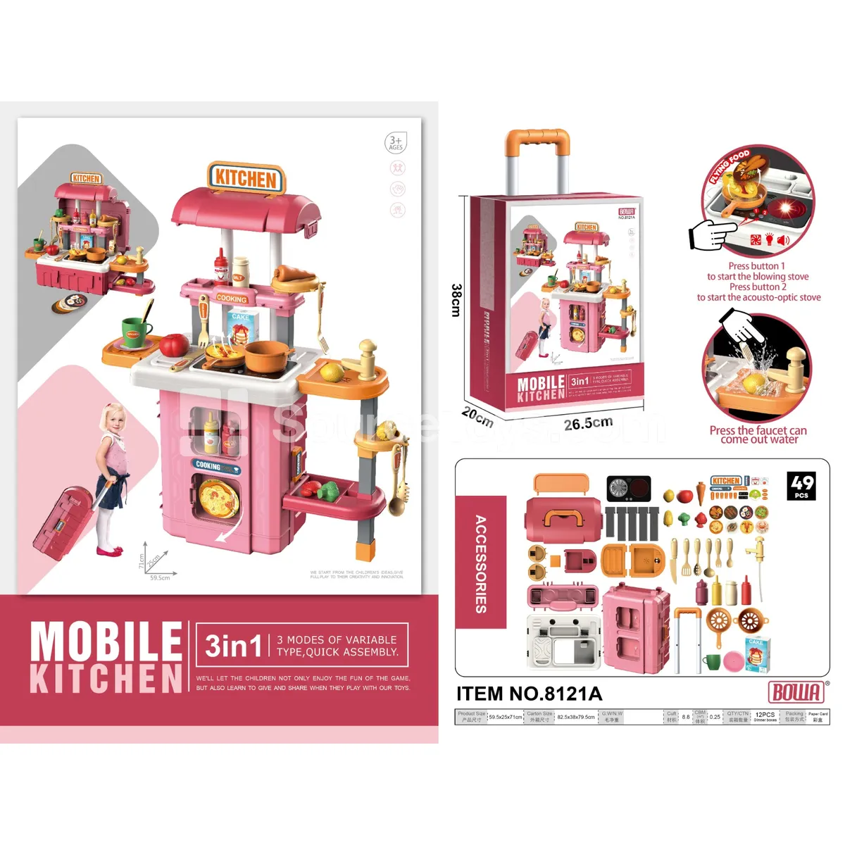 3-in-1 Pretend-Play Kitchen Trolley Case with Blower, Pink