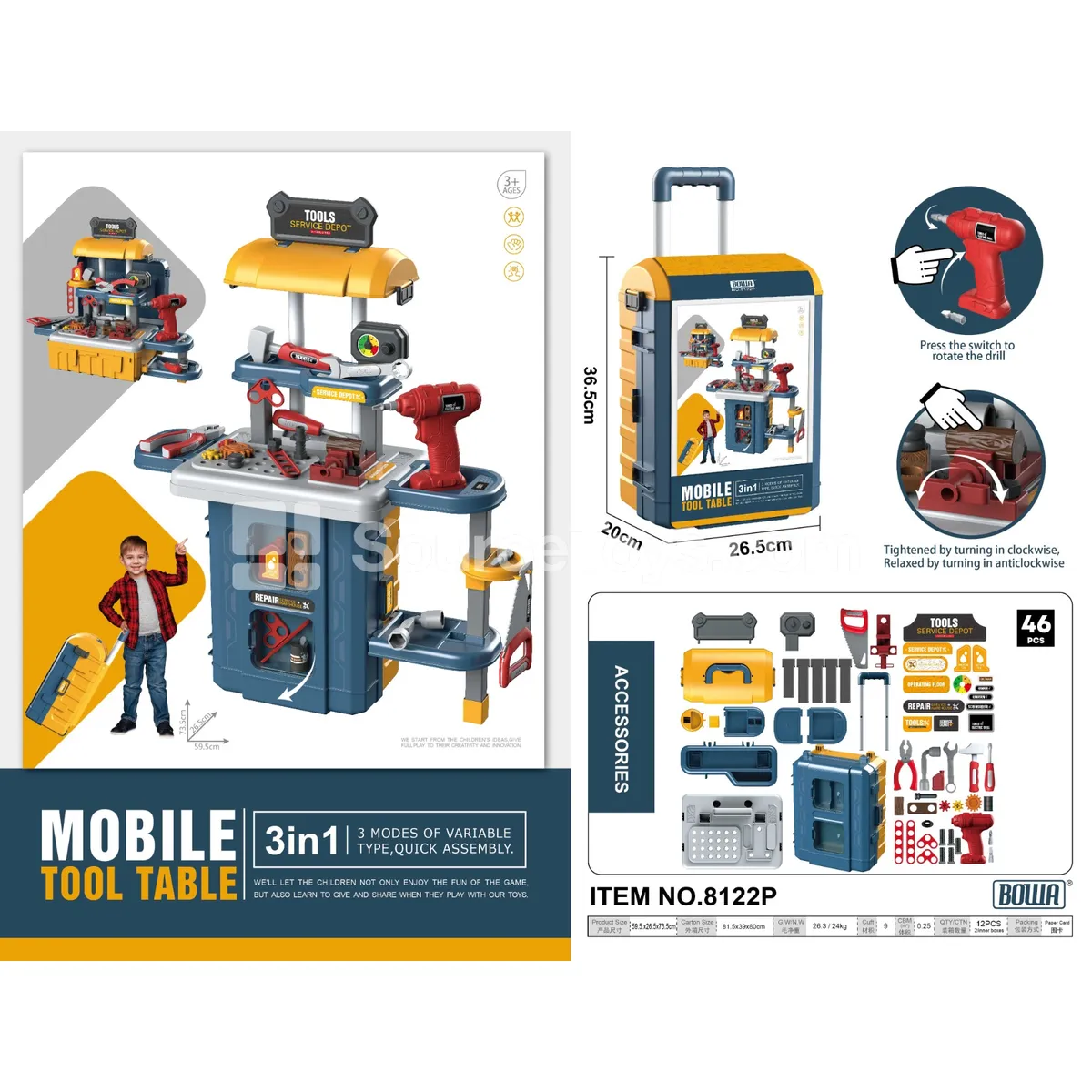 3-in-1 Tool Pull-Along Case with Power Drill