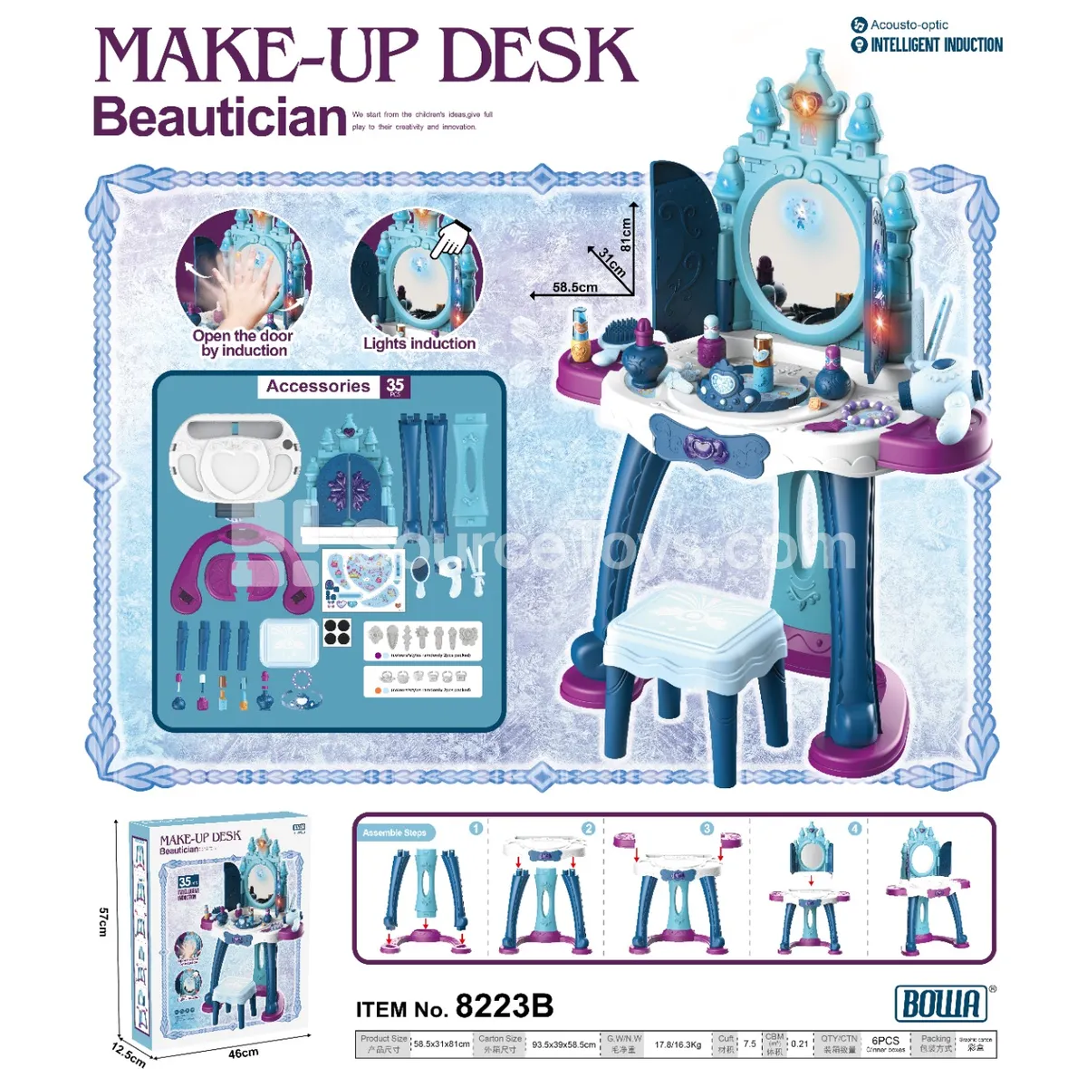 Deluxe Vanity Table with Smart Sensor Door, Lights & Music, Chair, Blue