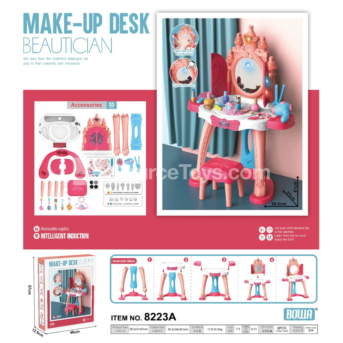 Deluxe Vanity Table with Smart Sensor Door, Lights & Music, with Chair, Red