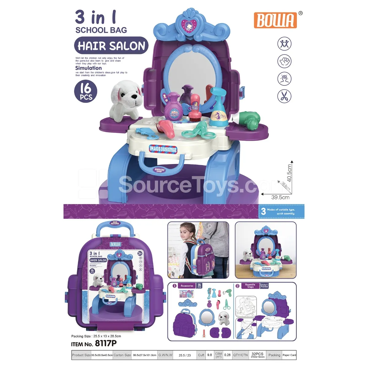 3-in-1 Hair Styling Backpack with Plush Dog 3-in-1 Hair Styling Backpack with Plush Dog