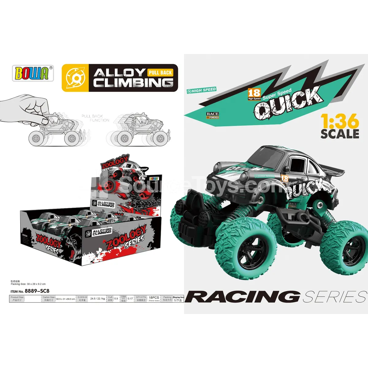 1:36 Pullback Alloy Car with Opening Doors, 6-Pack, Racing Design