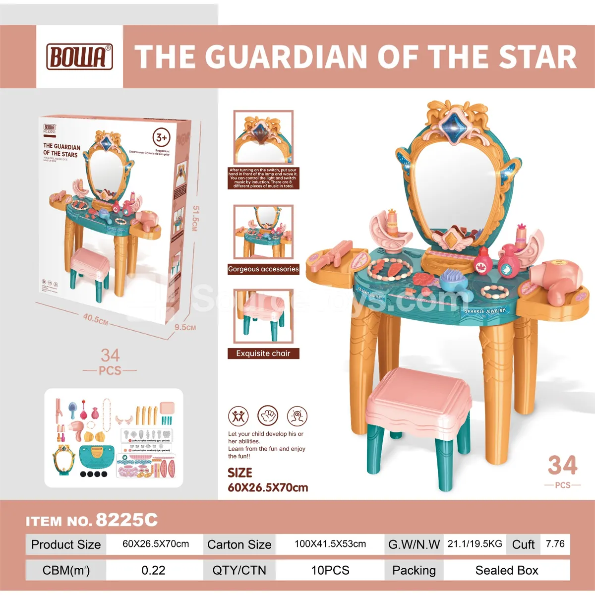 Deluxe Vanity Set with Lights, 8 Music Tunes, Smart Sensor, with Chair
