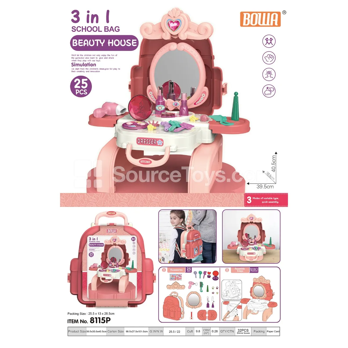 3-in-1 Dress-Up & School Bag, Pink