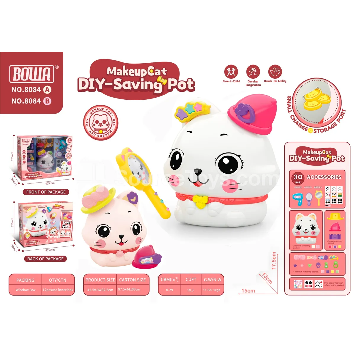 DIY Money Bank Cosmetic Cat, 2 Colors Assorted (A White, B Pink)