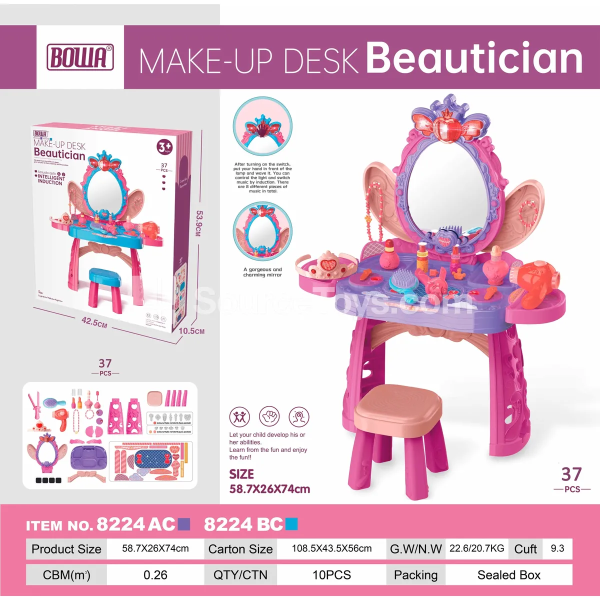 Deluxe Dressing Table with Light, Smart Sensor, 8 Music Tones, Chair Included, 2 Styles Assorted