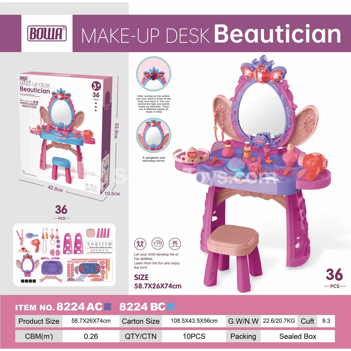Pretend-Play Vanity Table with Lights, 8 Music & Chair, 2 Styles Assorted