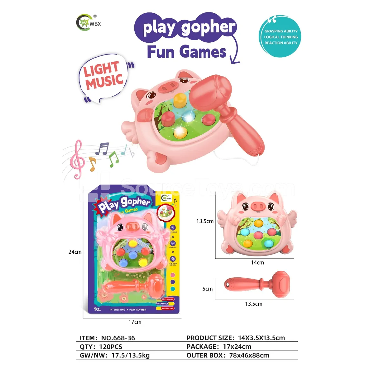 Whack-a-Mole Game with Lights and Music - Pig (Single Color)