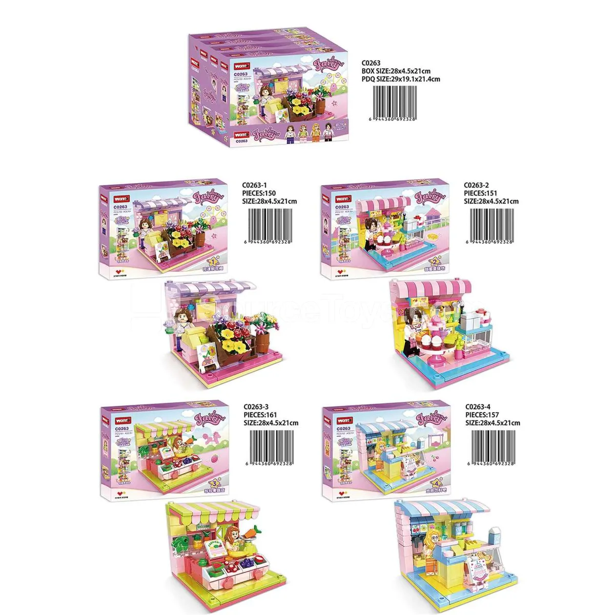 Building Blocks Set - Flower Shop (150pcs) / Cake Shop (151pcs) / Fruit & Veg Store (161pcs) / Drink Bar (157pcs)