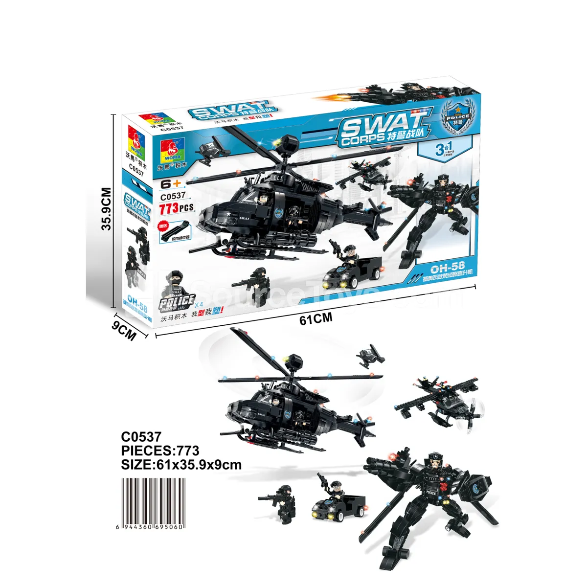 SWAT Team 3-in-1 OH-58 Kiowa Armed Reconnaissance Helicopter Building Set (773 Pcs)