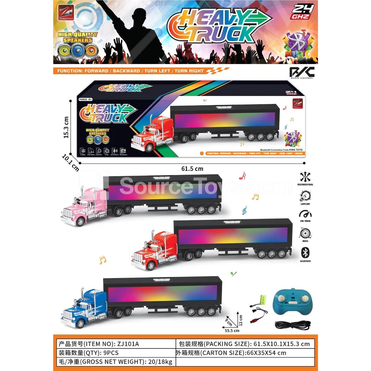 2.4G Remote Control Light & Bluetooth Truck with 4 Speakers (2 Tweeters, 2 Woofers) Battery Included