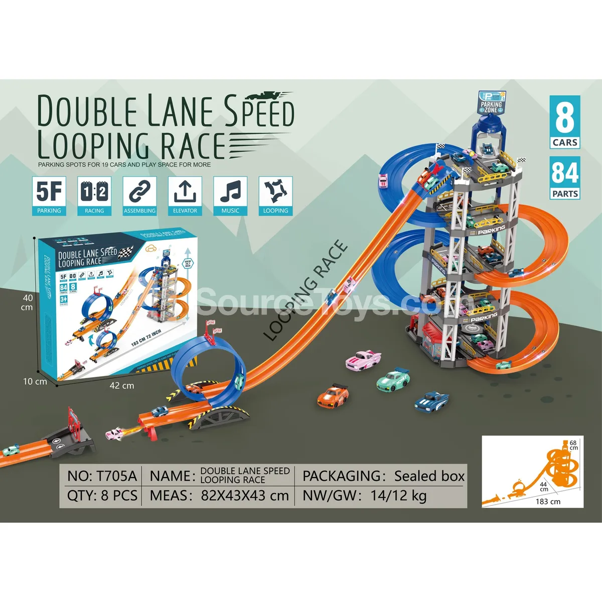 5-Level Dual-Track Spiral Race Track with 8 Cars, Sound & Light 5-Level Dual-Track Spiral Race Track with 8 Cars, Sound & Light