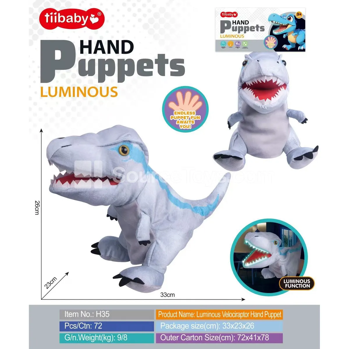 Glow-in-the-Dark Raptor Hand Puppet Plush Toy Glow-in-the-Dark Raptor Hand Puppet Plush Toy