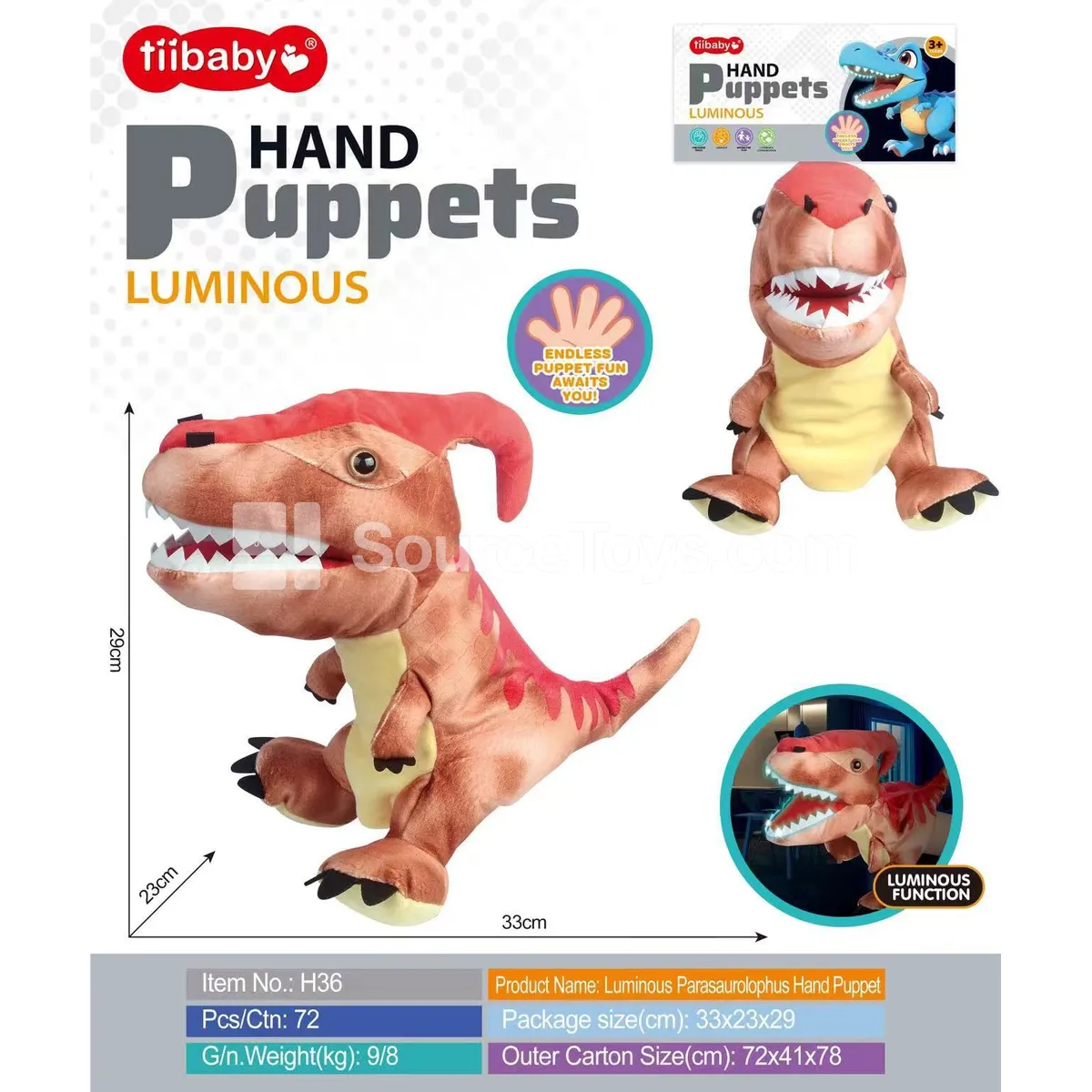 Glow-in-the-Dark Dinosaur Hand Puppet Plush Doll Glow-in-the-Dark Dinosaur Hand Puppet Plush Doll