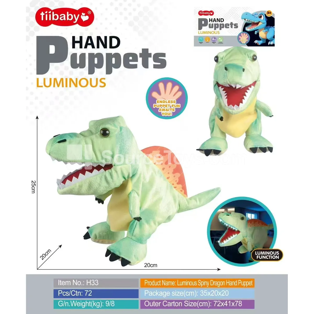 Glow-in-the-Dark Spinosaurus Hand Puppet Plush Doll Glow-in-the-Dark Spinosaurus Hand Puppet Plush Doll