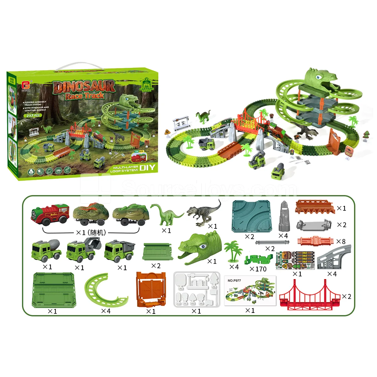 Electric Dinosaur Track Car 3-Level Parking Garage