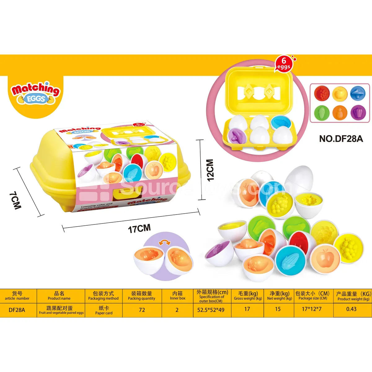 6 Pcs Fruit & Veggie Matching Eggs, 2 Styles Assorted - Educational Pretend-Play Toy