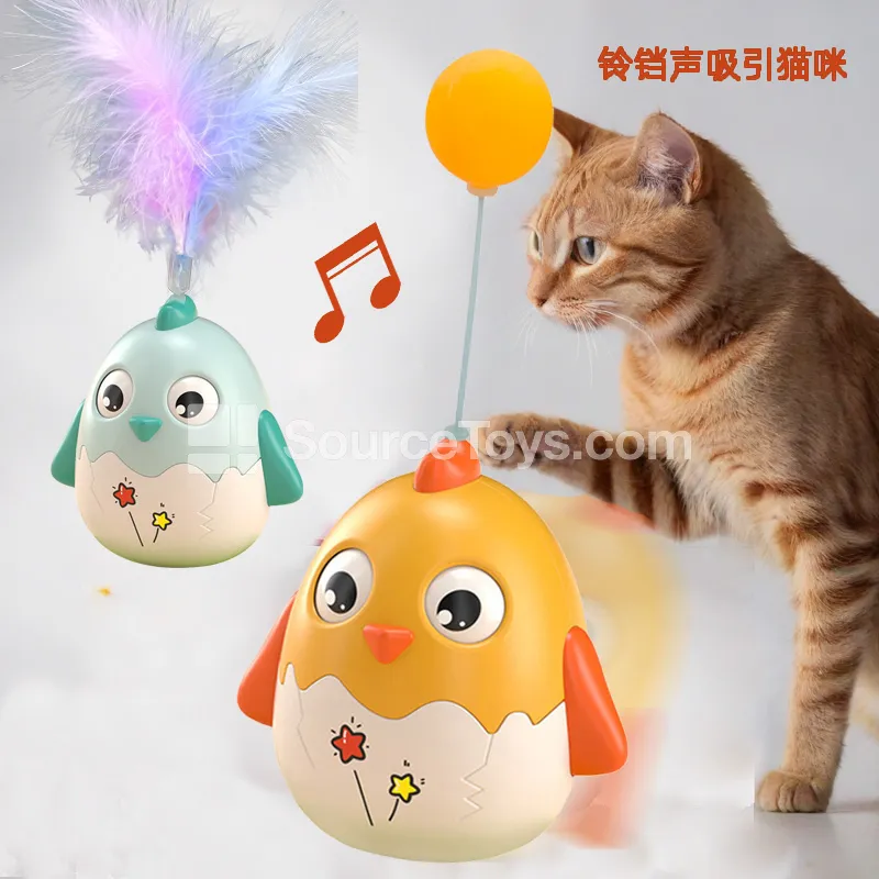Cat Toy: Roly-Poly Chick Feather Wand with Bell - Pet Plaything