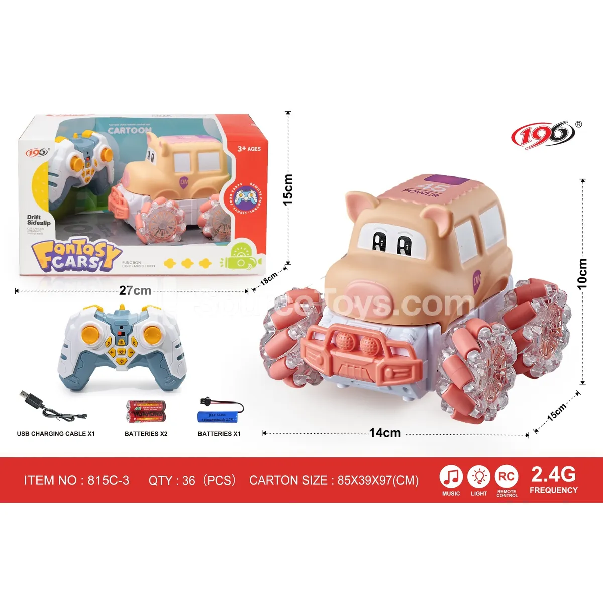 2.4G Remote Control Stunt Pig Car with Lights and Music (Battery Included)