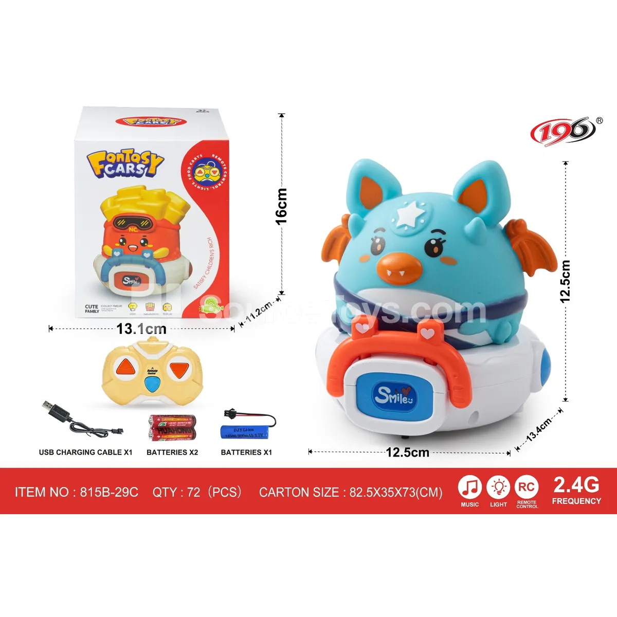 2.4G 3-Channel Remote Control Bat-Shaped Vinyl Car with Lights & Music, Battery Included