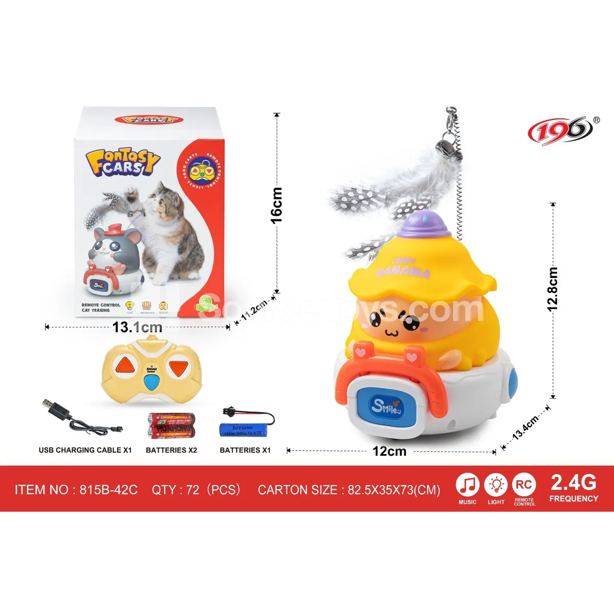 2.4G 3-Channel Remote Control Vinyl Cat Toy Banana Car with Lights and Music, Battery Included