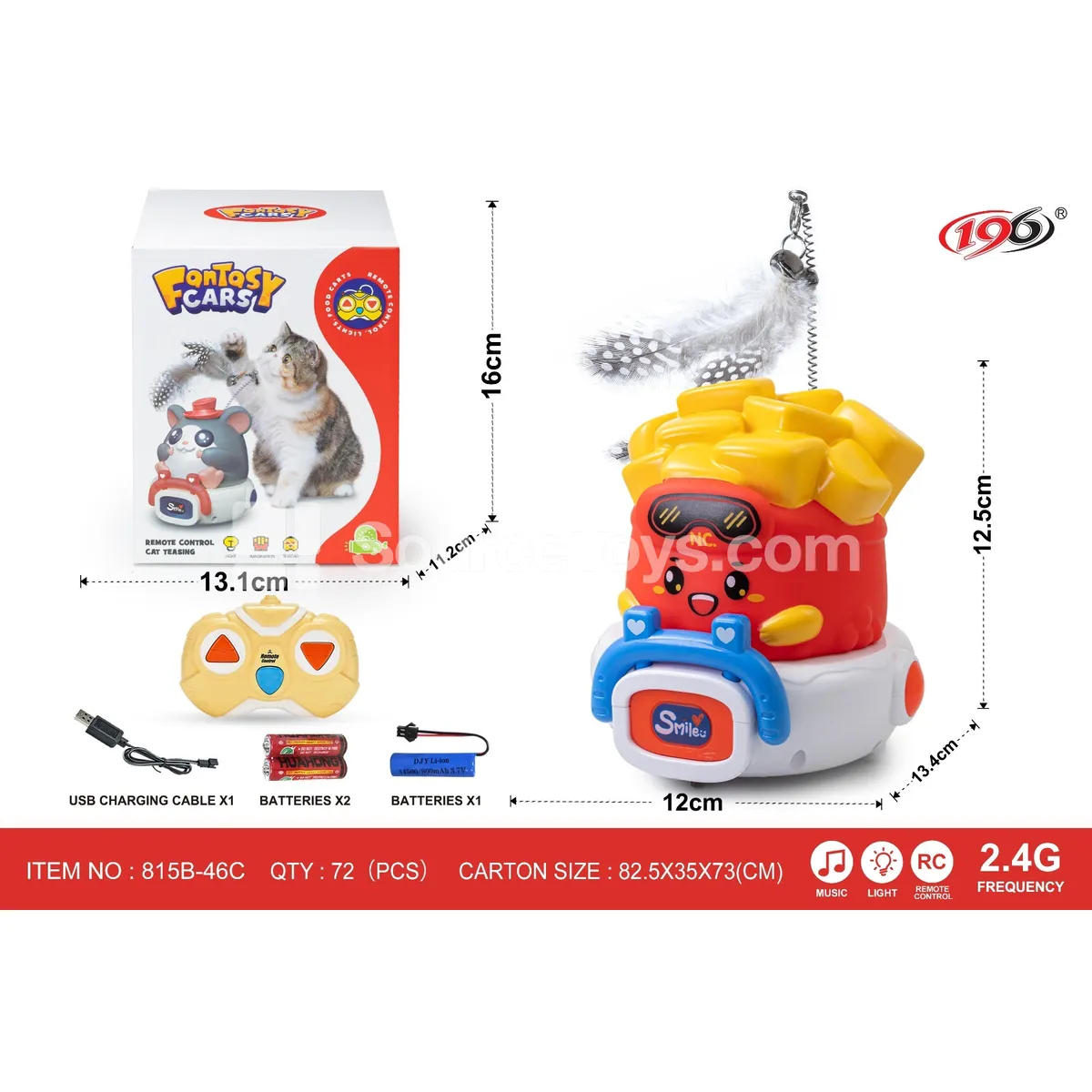 2.4G 3-Channel Remote Control Vinyl Cat Toy French Fry Car with Lights & Music, Battery Included