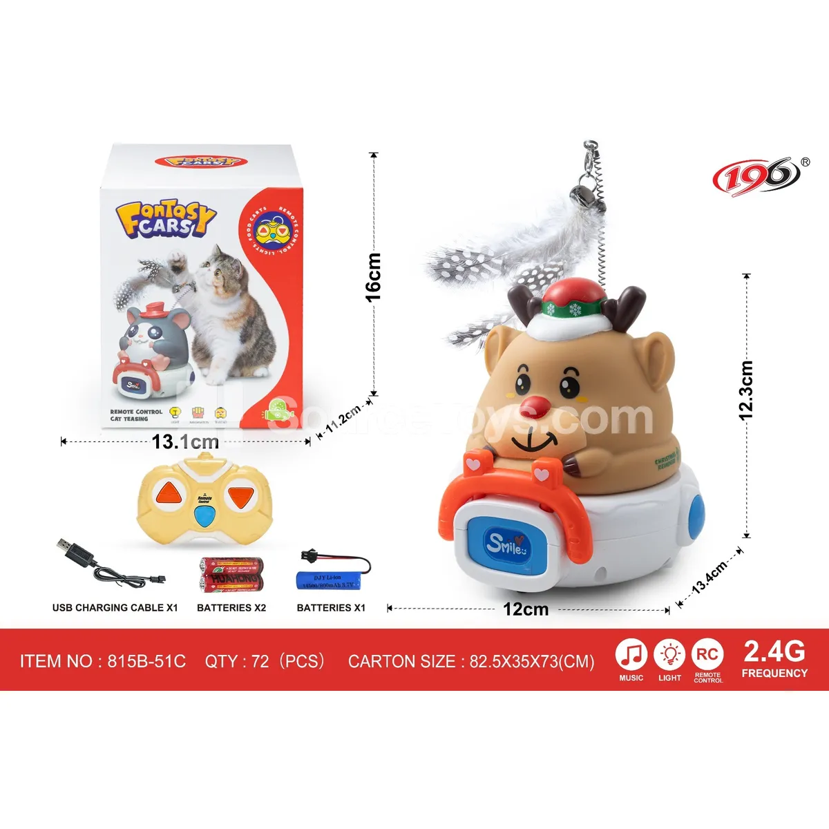 2.4G 3-Channel Remote Control Vinyl Cat Toy Deer Cart with Lights & Music, Batteries Included