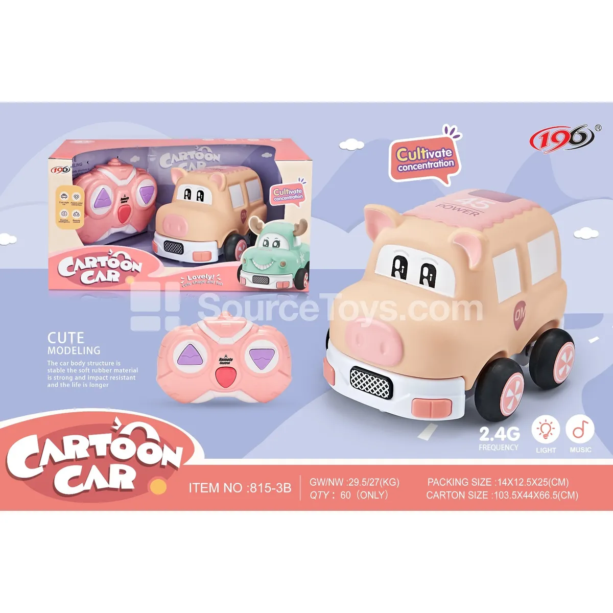 2.4G 3-Channel Remote Control Vinyl Pig Car with Lights & Music