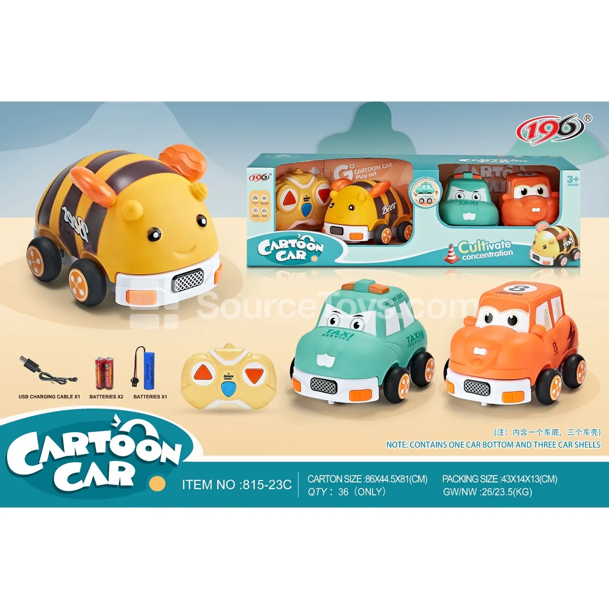 2.4G 3-Channel Remote Control Vinyl Bee Car, Cute Jeep, Cute Taxi (3-in-1 Set) with Lights, Music, and Batteries