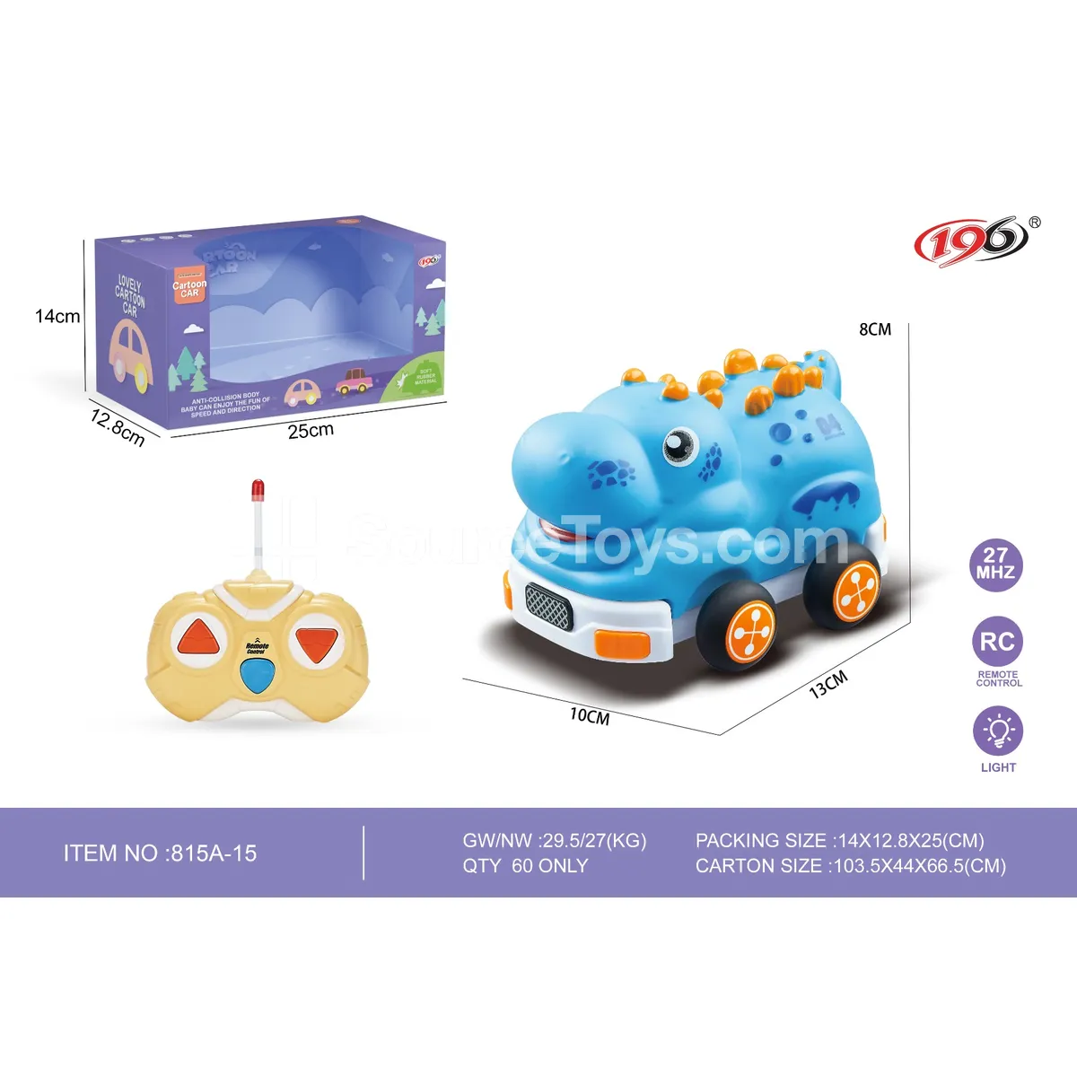 2-Channel Remote Control Vinyl Dinosaur Car with Lights