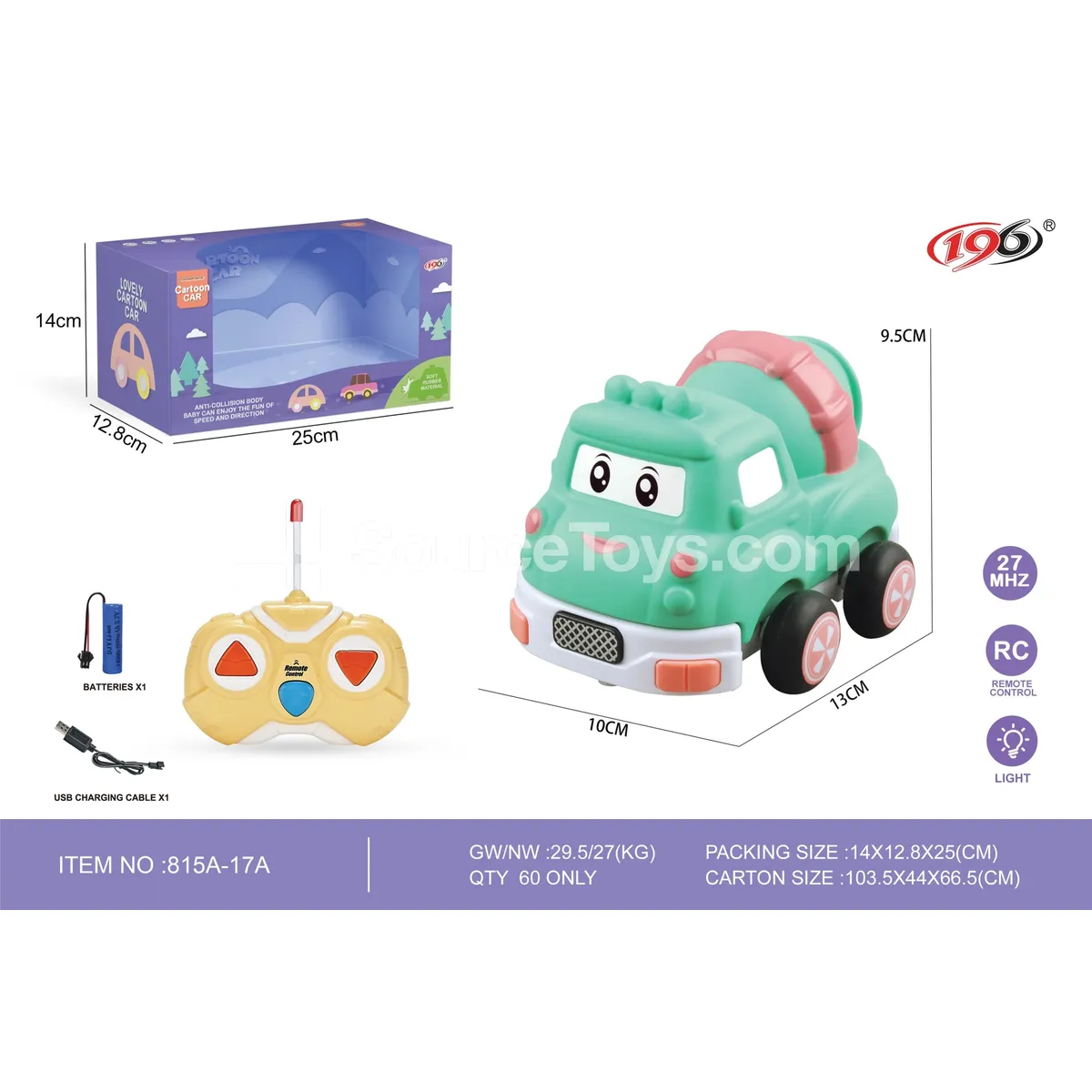 2-Channel Remote Control Vinyl Concrete Mixer Truck with Lights (Battery Included)