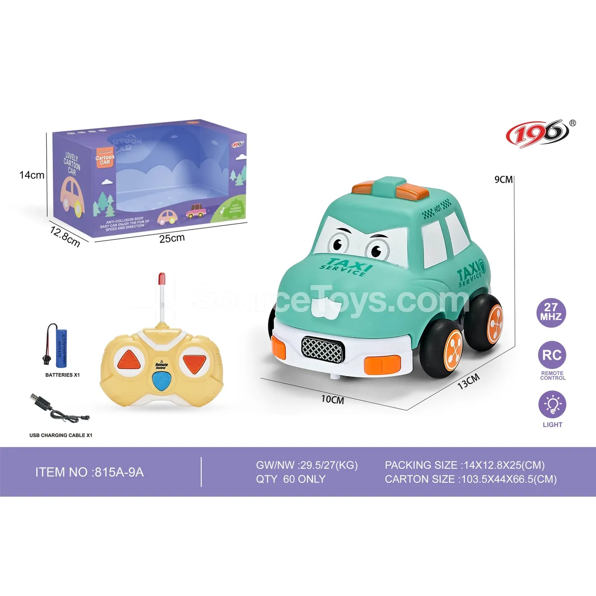 2-Channel Remote Control Vinyl Taxi Car with Lights (Battery Included)