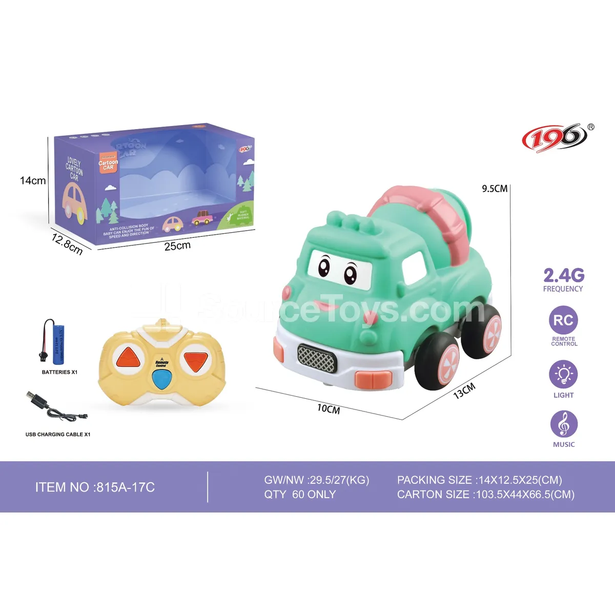 3-Channel RC Vinyl Concrete Mixer Truck with Lights (Battery Included)