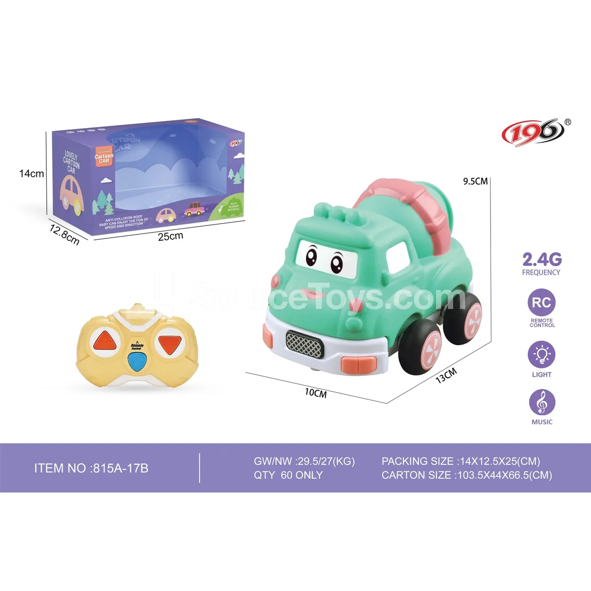 3-Channel Remote Control Vinyl Cement Mixer Truck with Lights and Music