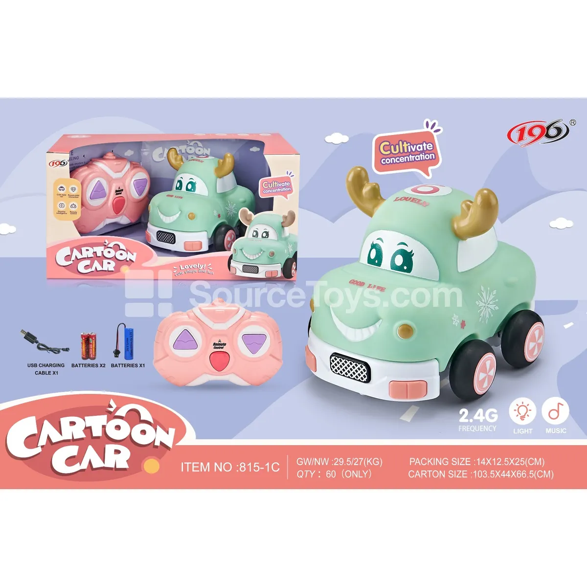 2.4G 3-Channel RC Vinyl Deer Car with Lights & Music, Battery Included